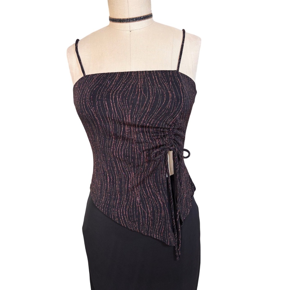 Y2K Chocolate Cami Asymmetrical Top Side Tie Small Black Gold Metallic Glitter